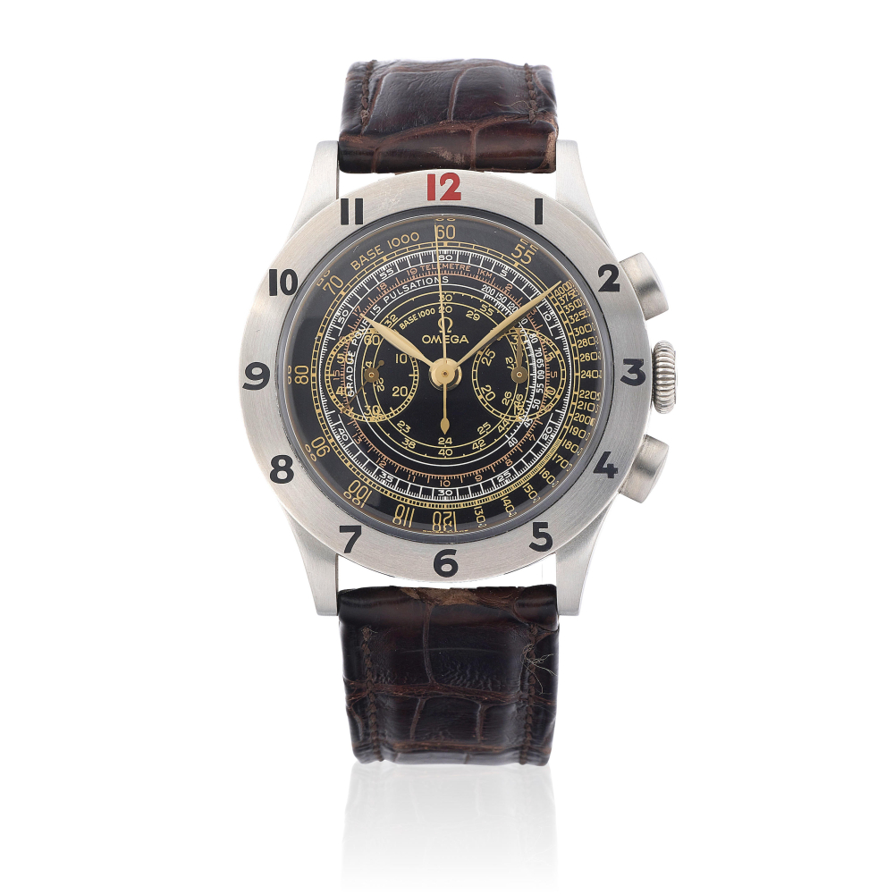 Omega. A limited edition stainless steel manual wind chronograph wristwatch