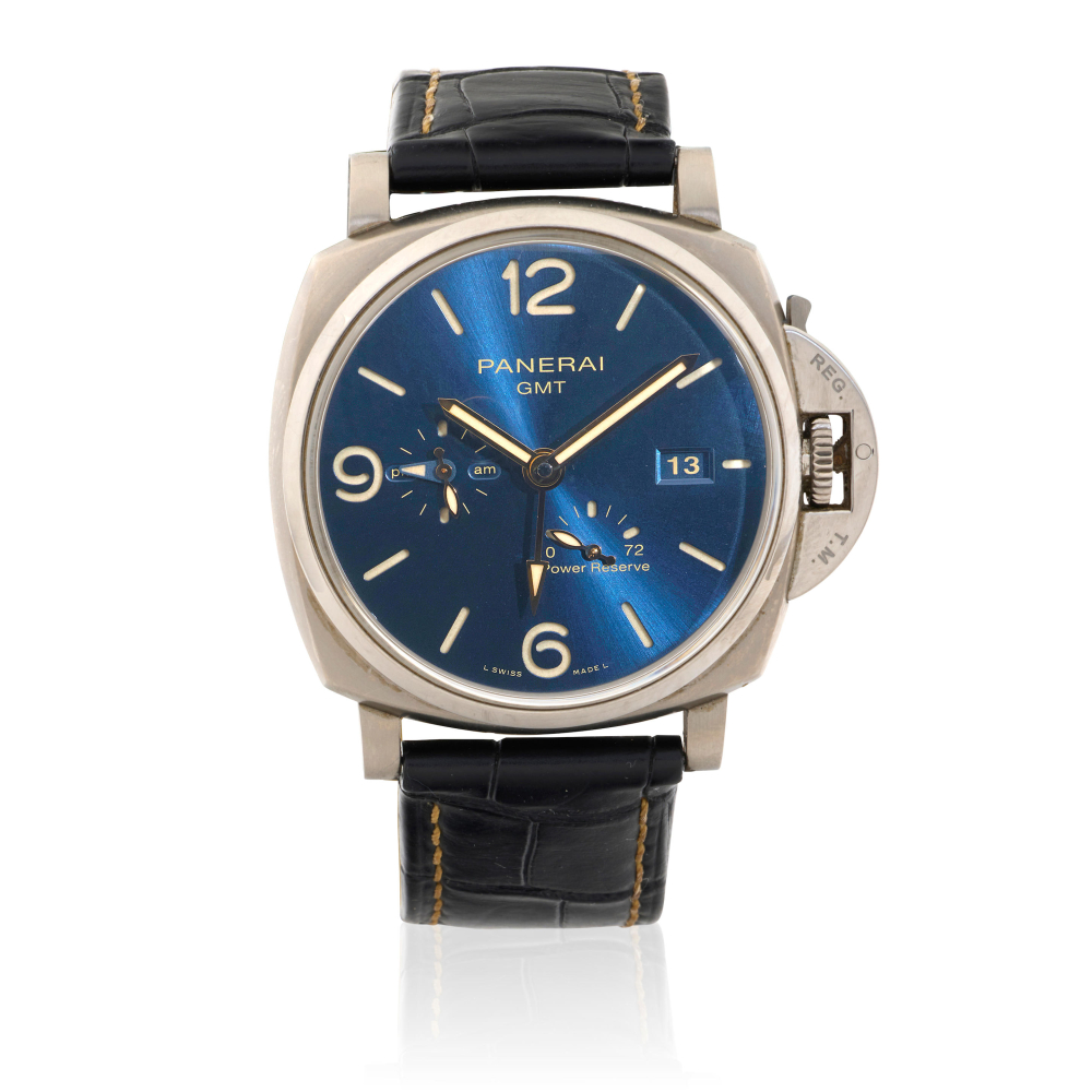 Panerai. A limited edition titanium automatic calendar wristwatch with power reserve and dual time zone