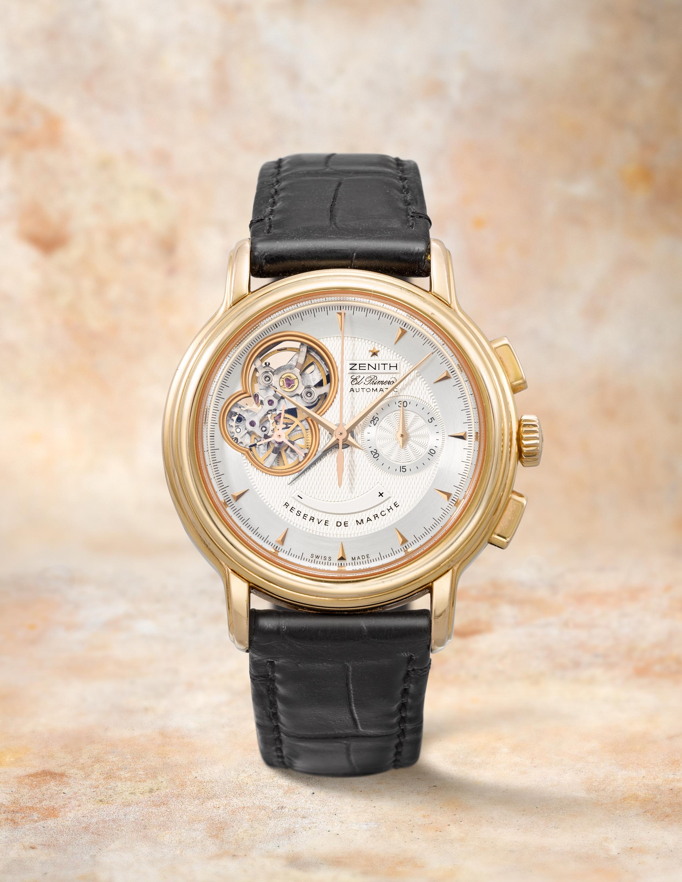 Zenith. A fine 18K rose gold automatic semi-skeletonised chronograph wristwatch