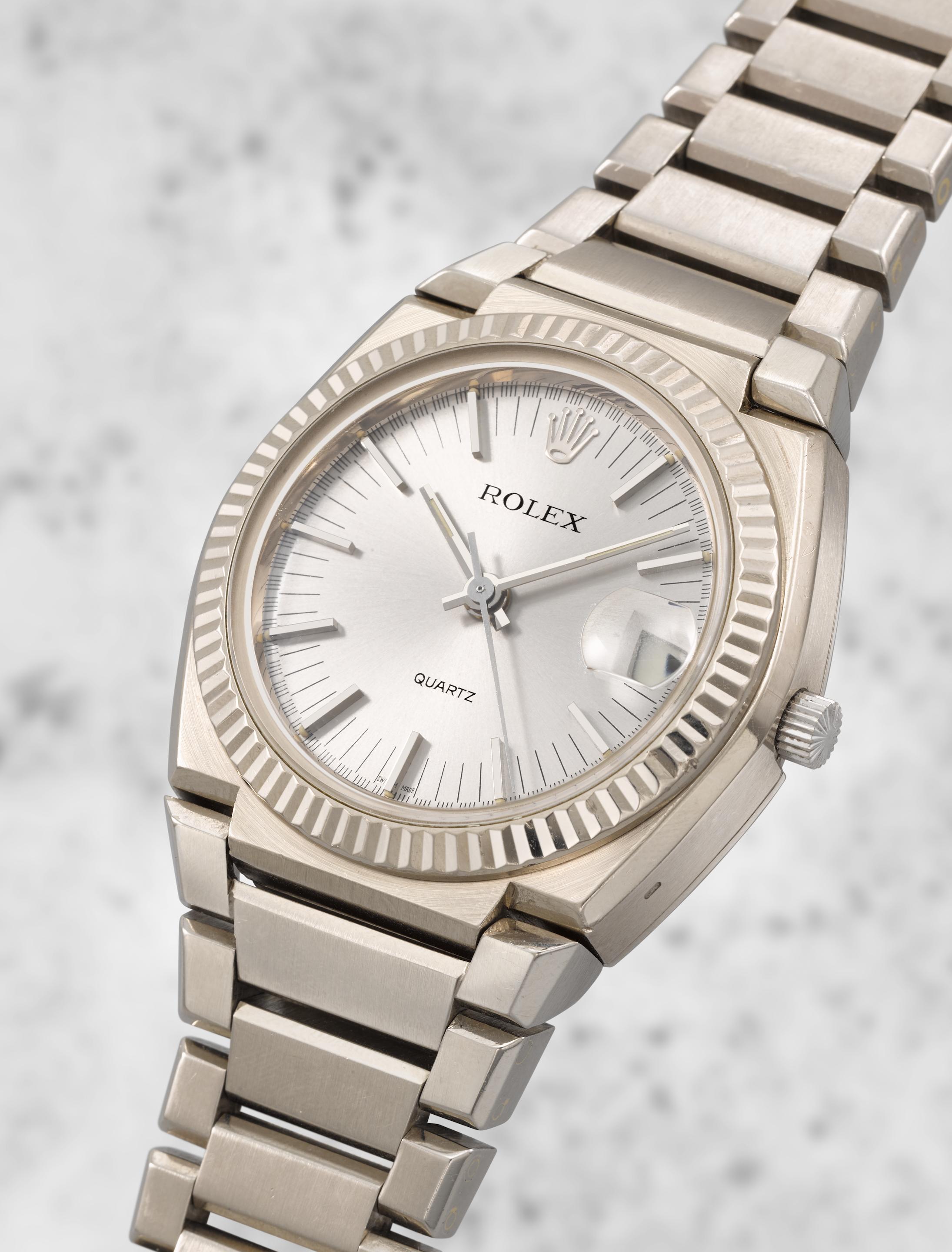 Rolex. A fine and very rare 18K white gold quartz calendar bracelet watch recently service by the Rolex Atelier de Restauration