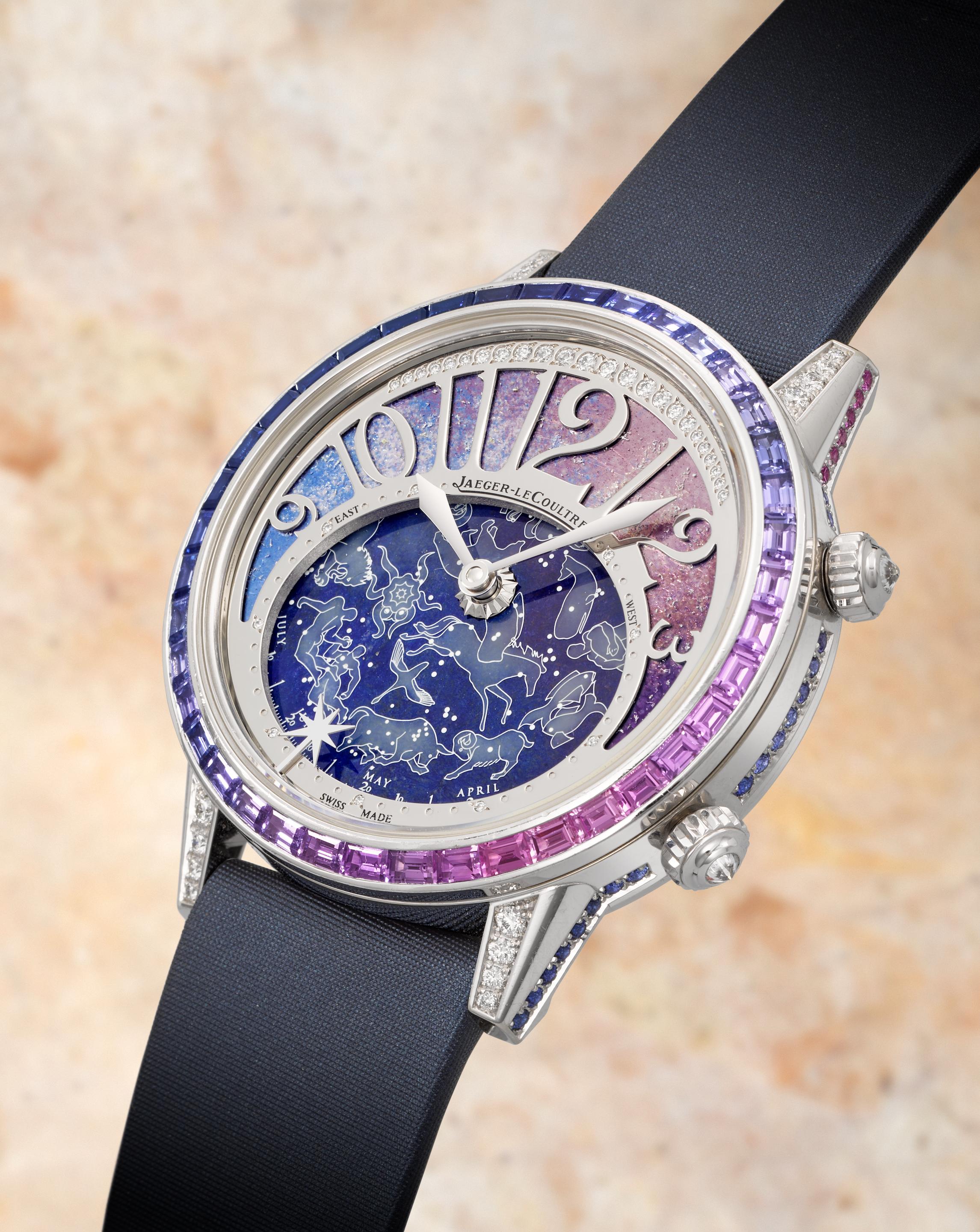 Jaeger-LeCoultre. A fine and very Limited Edition lady's 18K white gold diamond and sapphire set automatic astronomical wristwatch with enamel and lapis lazuli dial