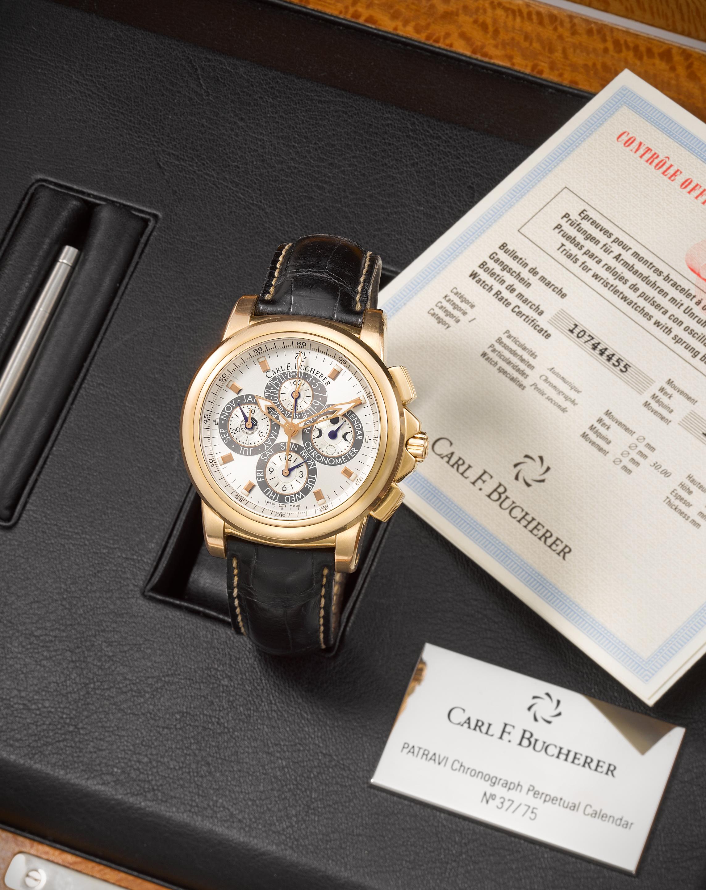 Carl F Bucherer. A fine and rare Limited Edition 18K rose gold automatic perpetual calendar chronograph wristwatch with moon phase