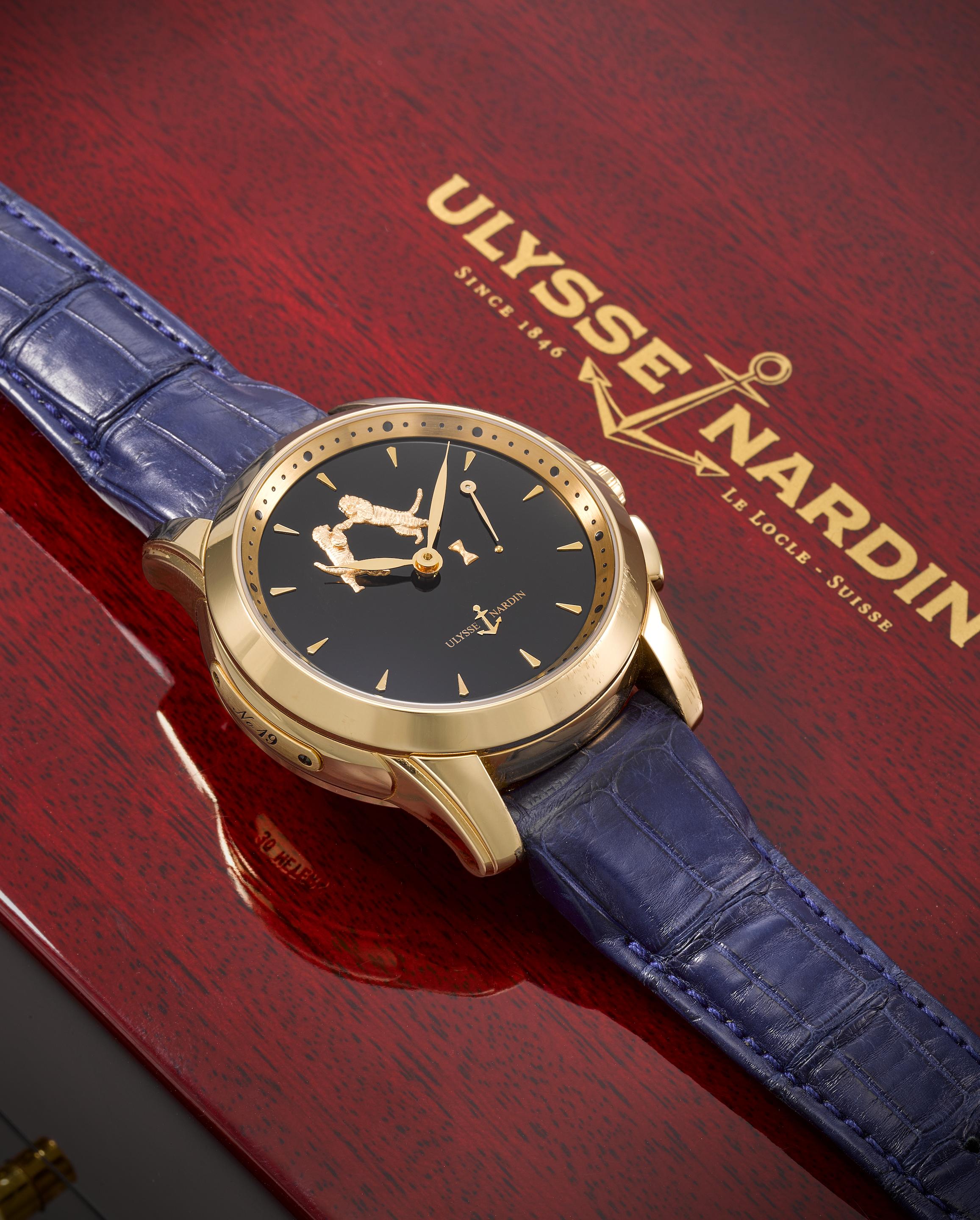 Ulysse Nardin. A fine and rare 18K rose gold automatic striking wristwatch with onyx dial