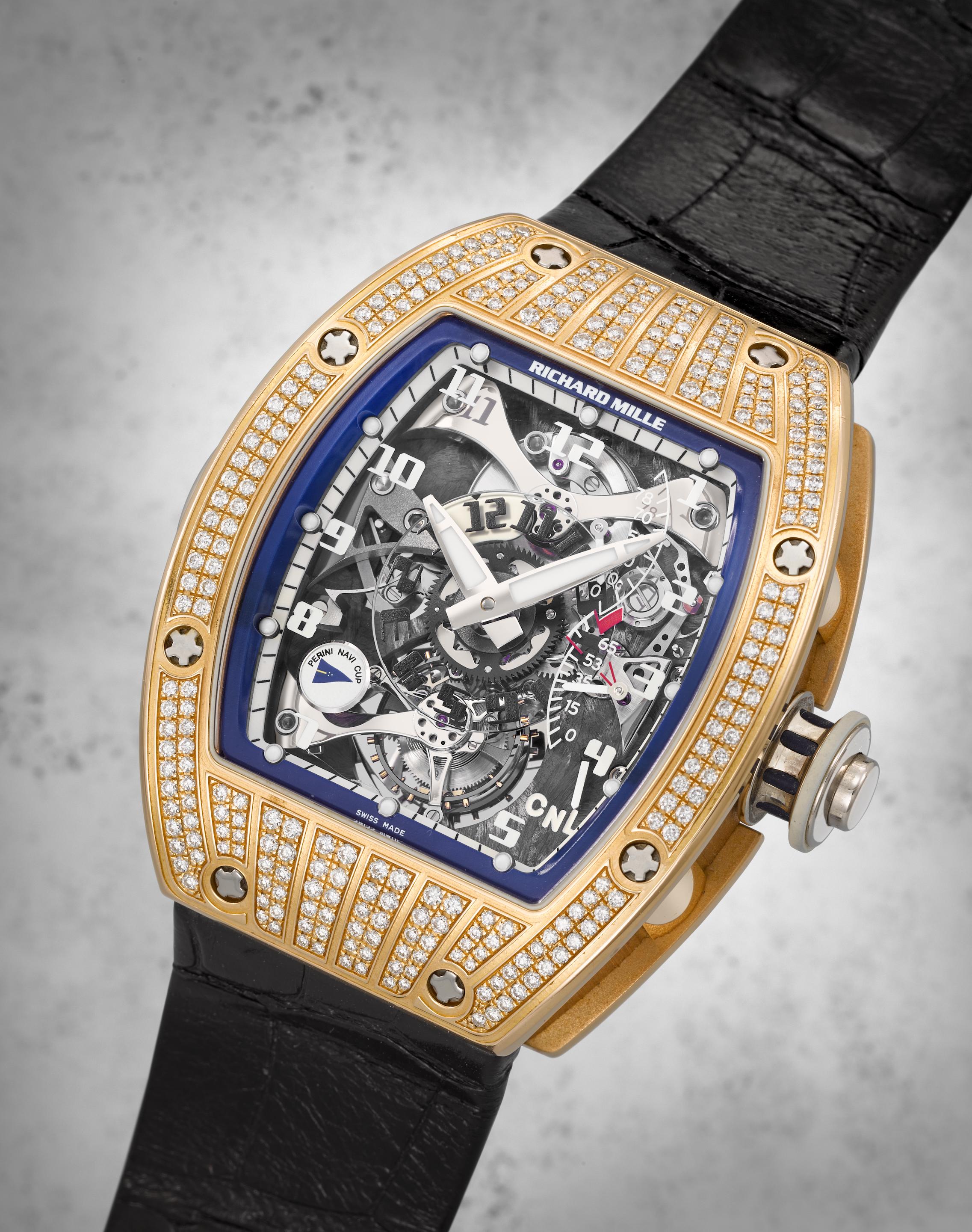 Richard Mille. A unique and extremely fine 18K rose gold diamond set tourbillion wristwatch with dual time zone indicator, function selector, 75 hour power-reserve and torque indicators 