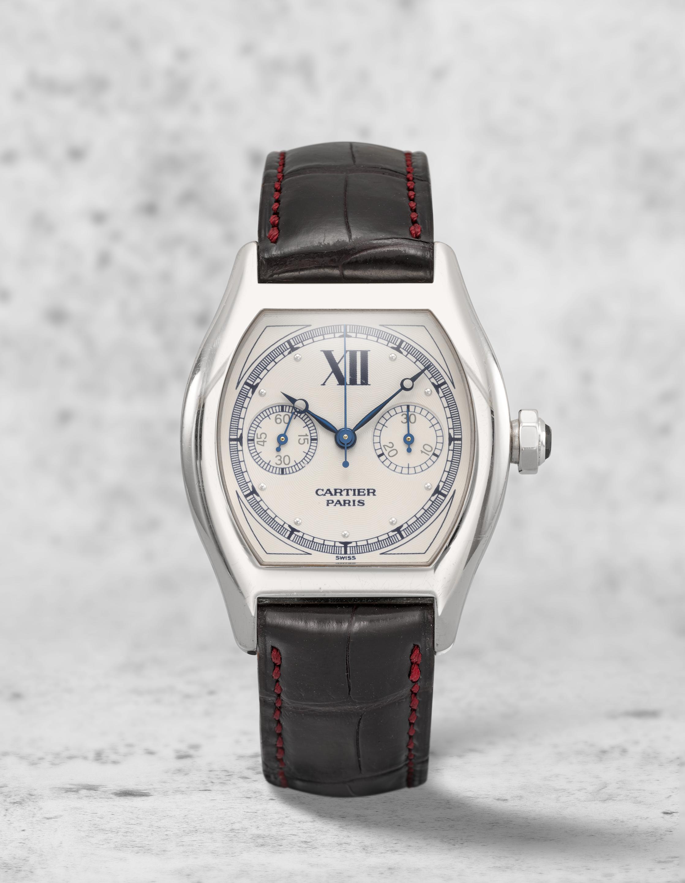 Cartier. A fine and rare 18K white gold manual wind single button chronograph wristwatch