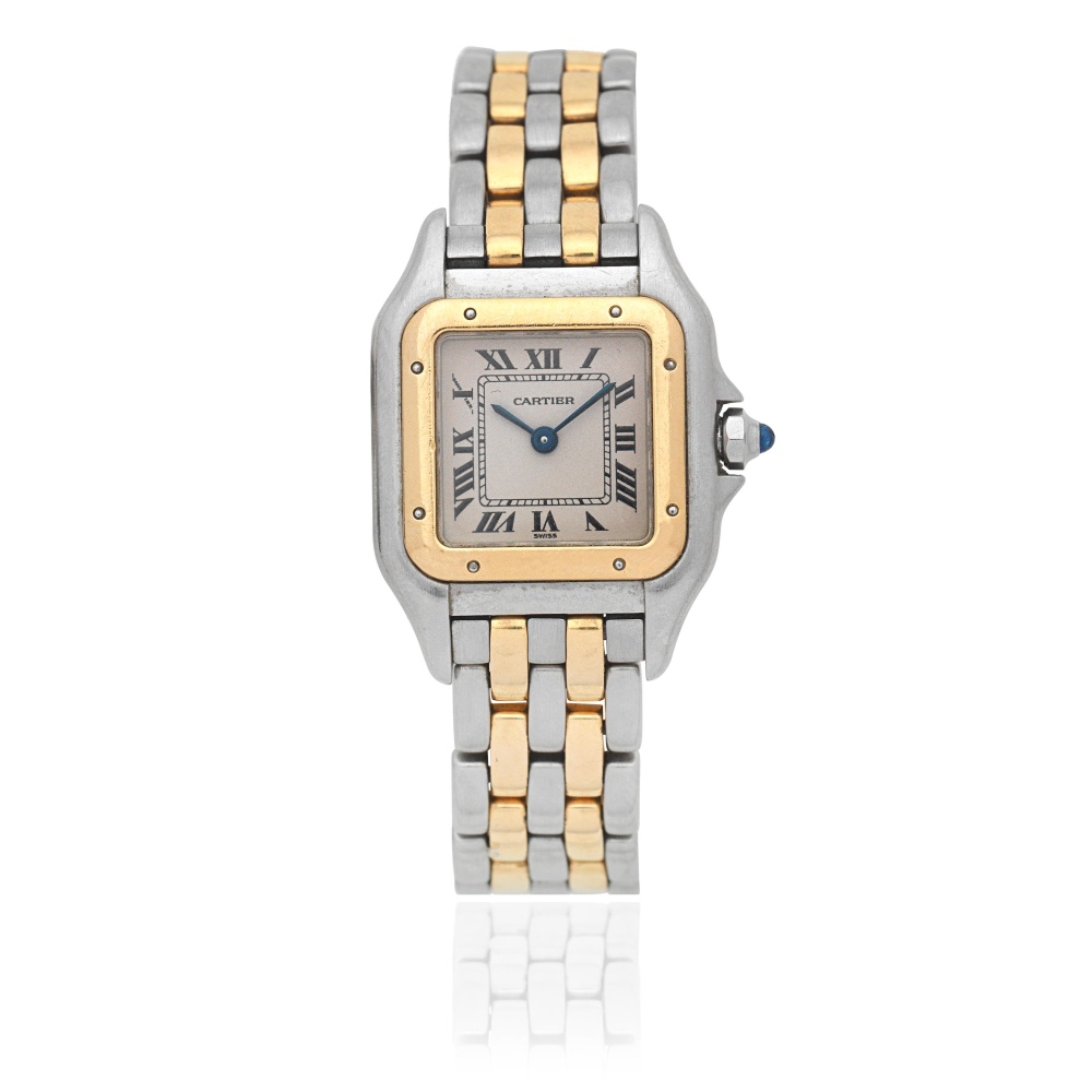 Cartier. A lady's stainless steel and gold quartz bracelet watch