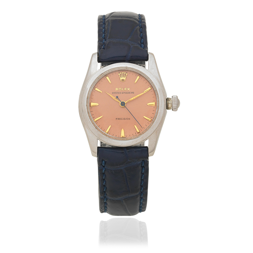 Rolex. A stainless steel manual wind wristwatch