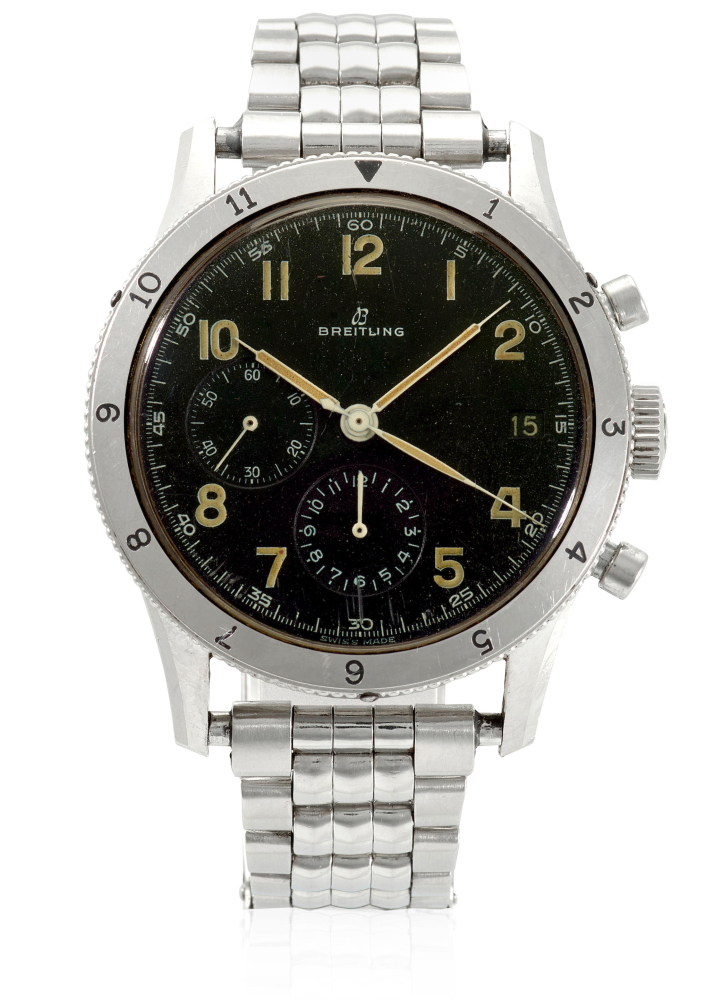 BREITLING. A STAINLESS STEEL MANUAL WIND CHRONOGRAPH BRACELET WATCH