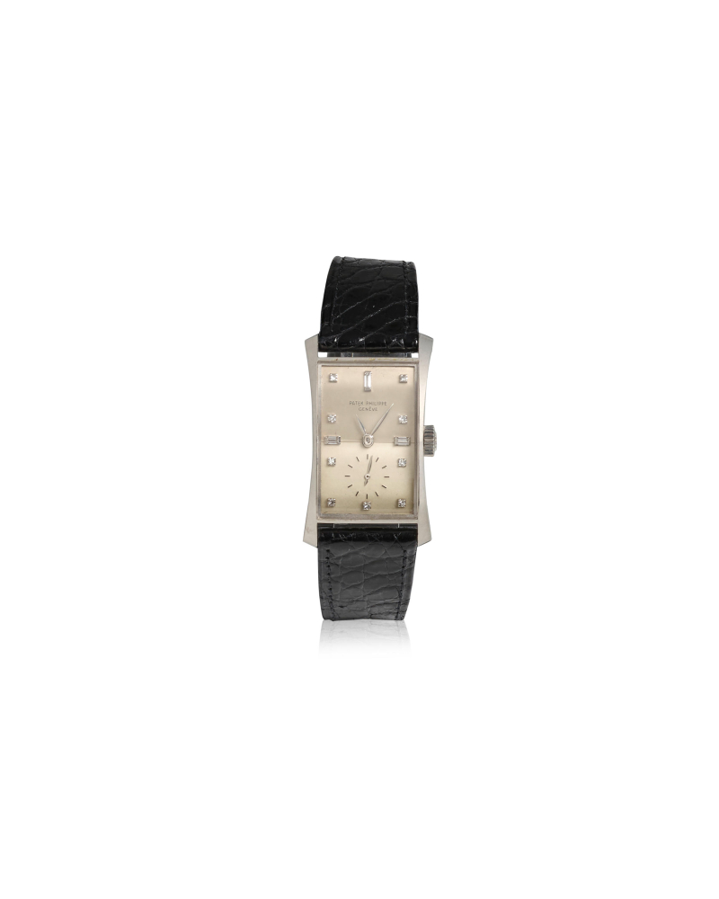 PATEK PHILIPPE. A FINE AND RARE PLATINUM MANUAL WIND WRISTWATCH