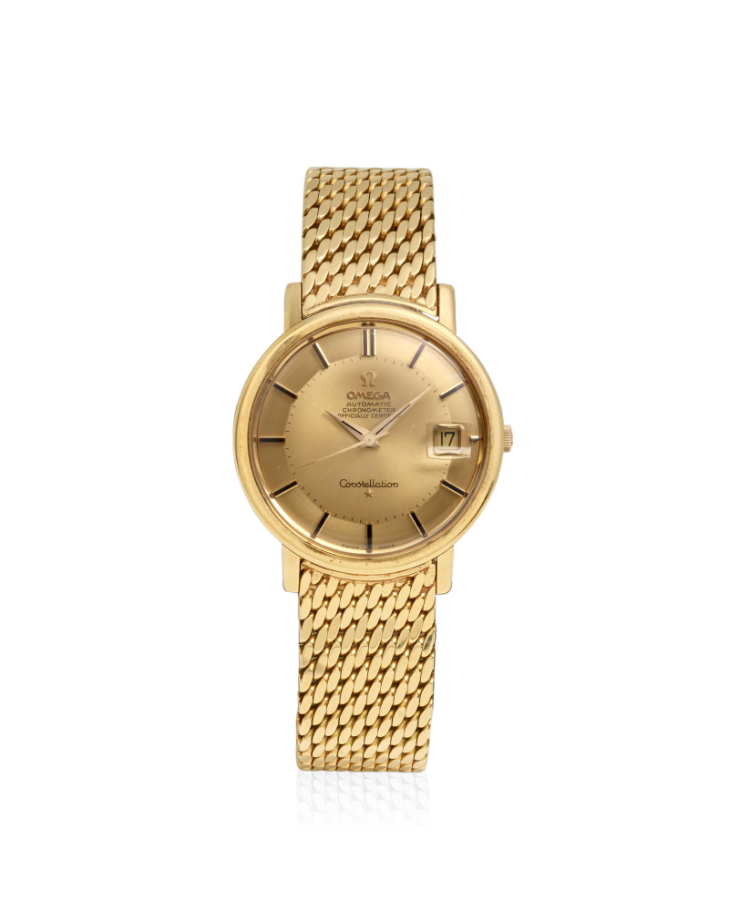 OMEGA. AN 18K GOLD AUTOMATIC CALENDAR BRACELET WATCH
