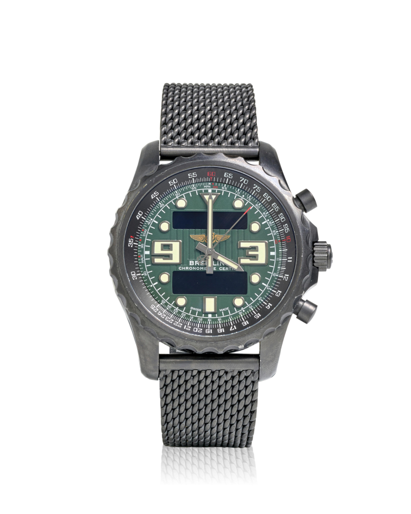 BREITLING. A LIMITED EDITION BLACKENED STAINLESS STEEL QUARTZ CHRONOGRAPH ALARM CALENDAR BRACELET WATCH