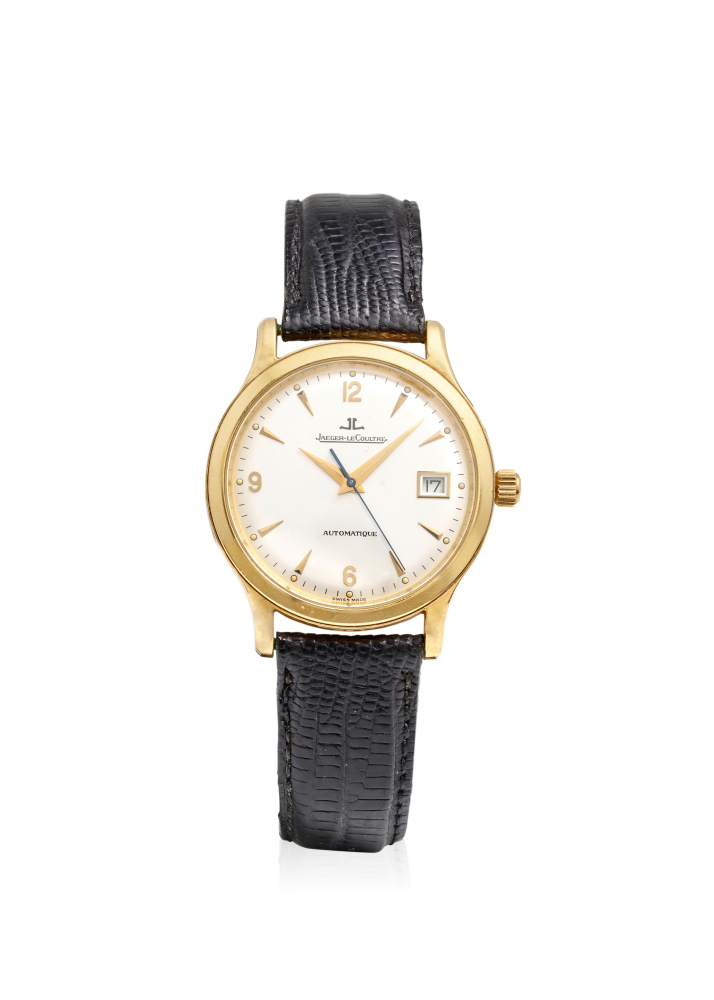 JAEGER LECOULTRE. AN 18K GOLD AUTOMATIC CALENDAR WRISTWATCH