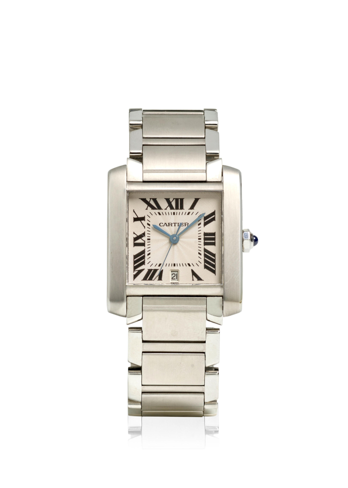 CARTIER. A STAINLESS STEEL AUTOMATIC CALENDAR BRACELET WATCH