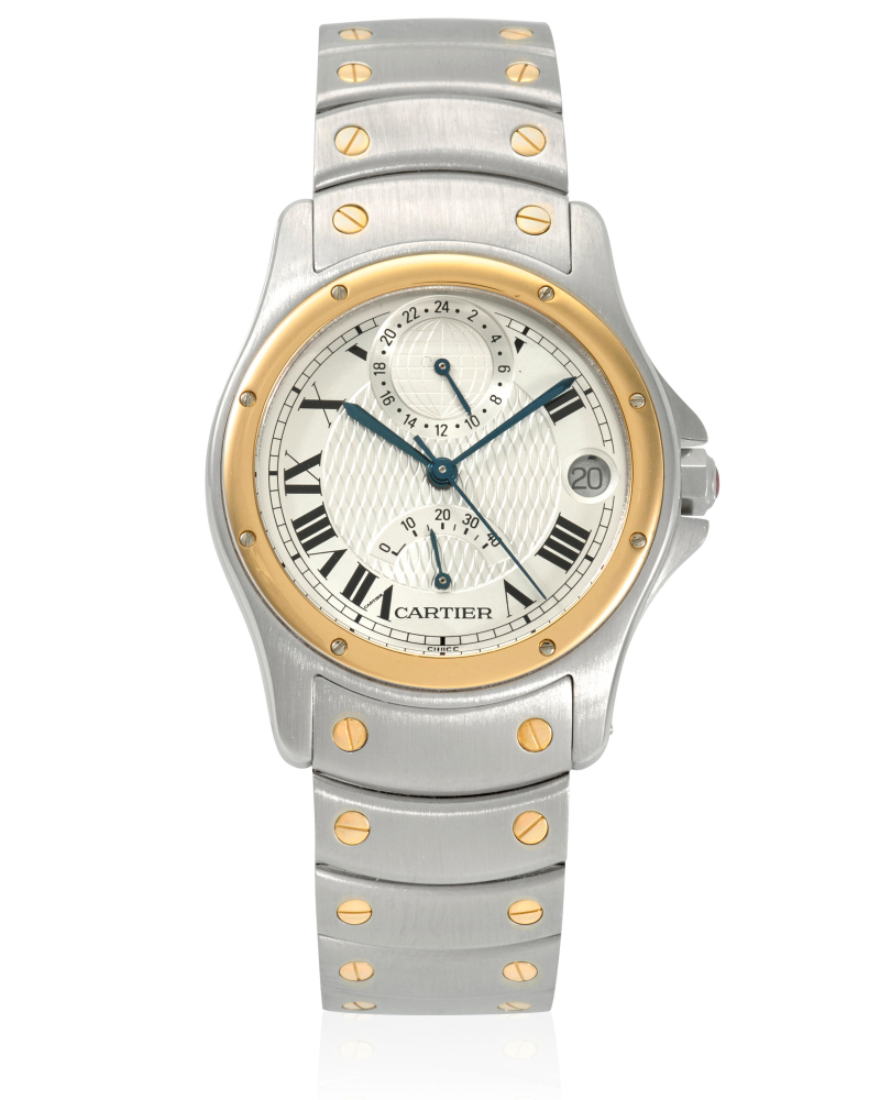 CARTIER. A LIMITED EDITION 18K GOLD AND STAINLESS STEEL AUTOMATIC CALENDAR BRACELET WATCH WITH DUAL TIME ZONE AND POWER RESERVE INDICATION