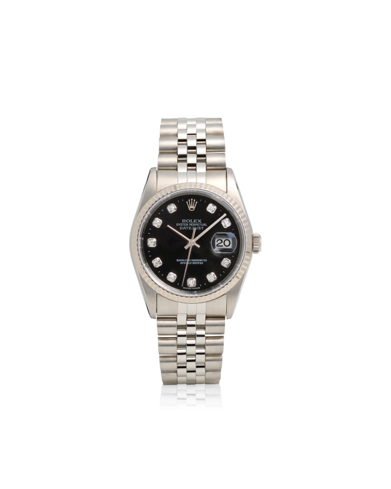 ROLEX. A STAINLESS STEEL AND DIAMOND SET AUTOMATIC CALENDAR BRACELET WATCH