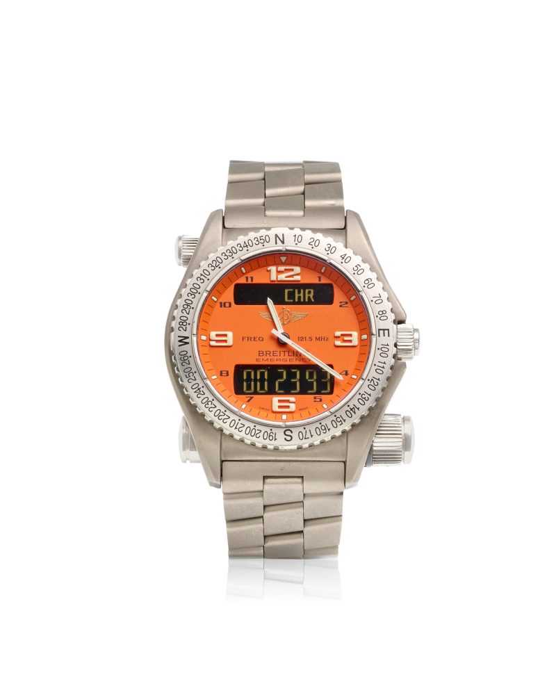 BREITLING. A TITANIUM QUARTZ CALENDAR BRACELET WATCH WITH MICRO ANTENNEA FOR AVIATION EMERGENCY FREQUENCY 121.5MHz