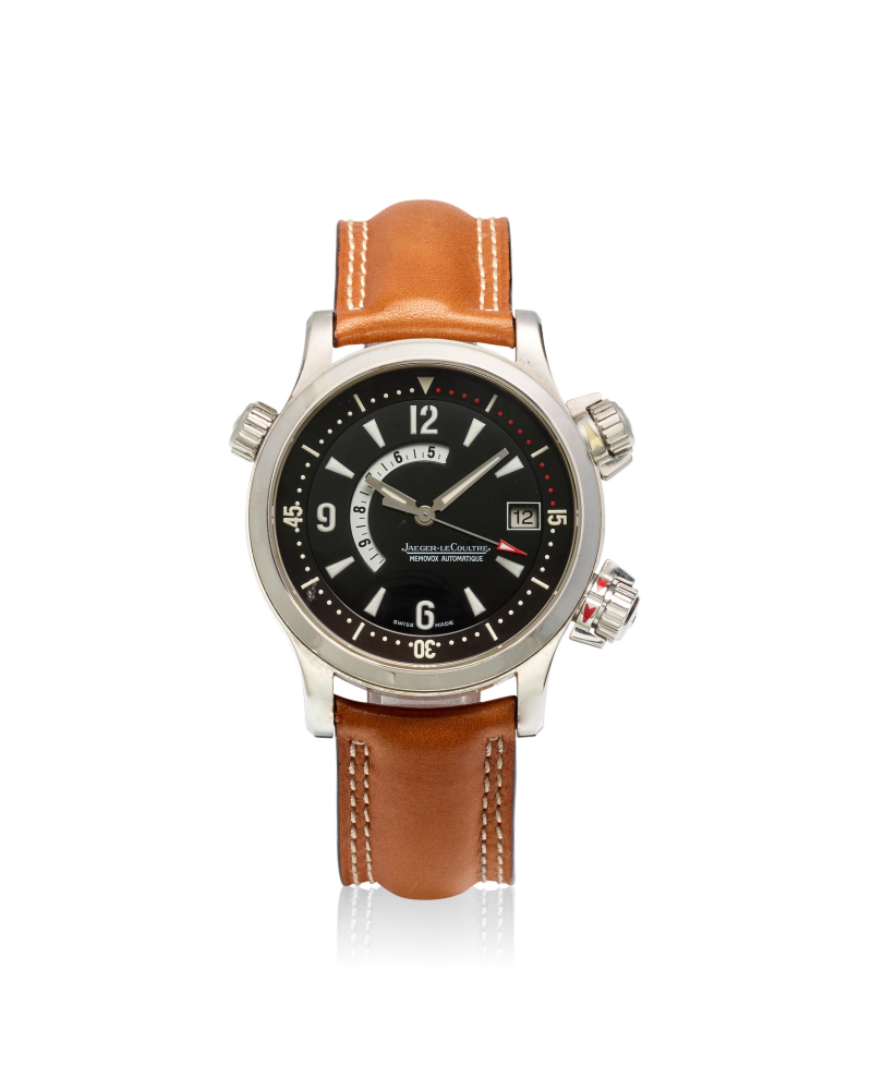 JAEGER LECOULTRE. A STAINLESS STEEL AUTOMATIC CALENDAR ALARM WRISTWATCH