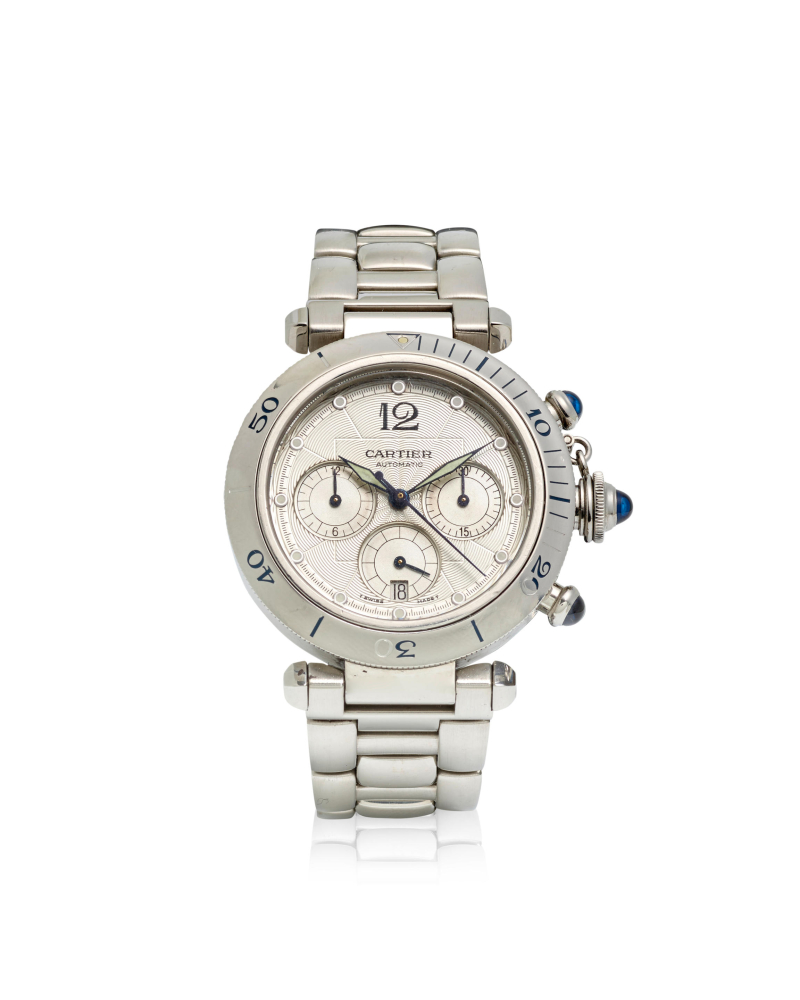[NO RESERVE] CARTIER. A STAINLESS STEEL AUTOMATIC CALENDAR CHRONOGRAPH BRACELET WATCH