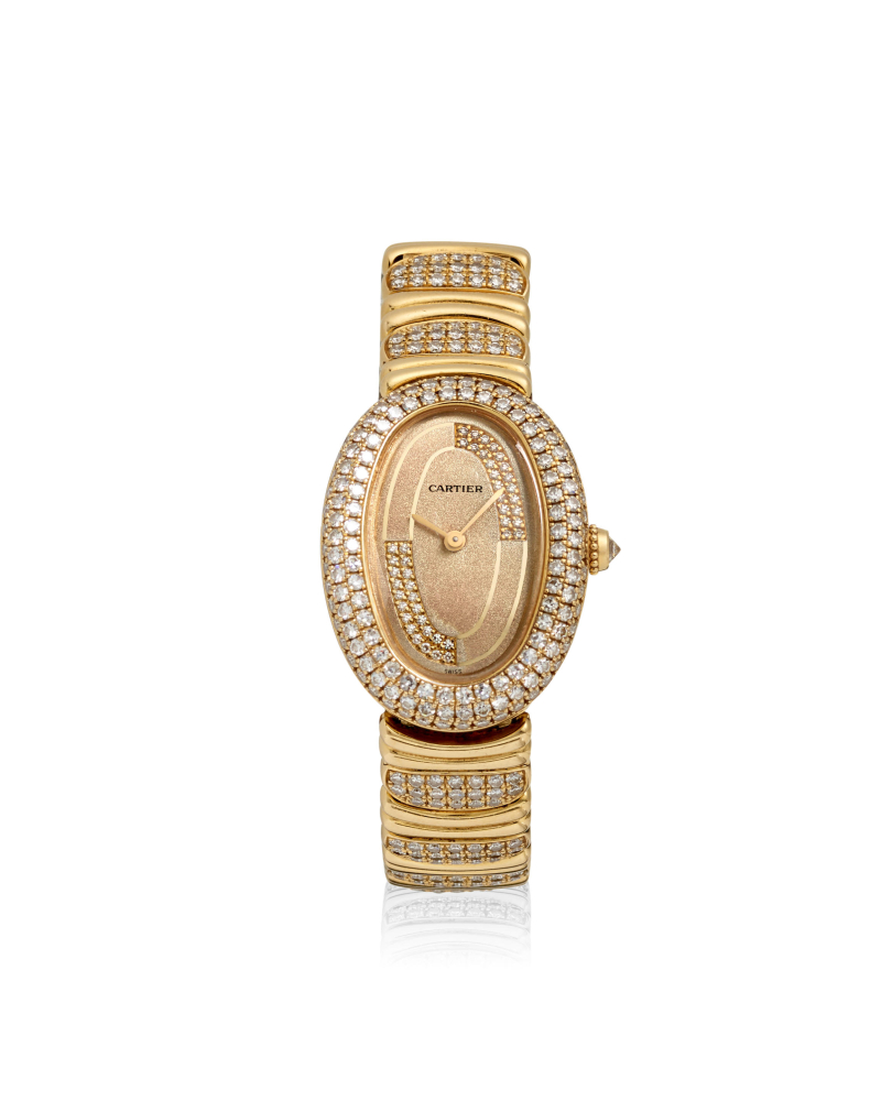 CARTIER. AN 18K GOLD AND DIAMOND SET QUARTZ BRACELET WATCH