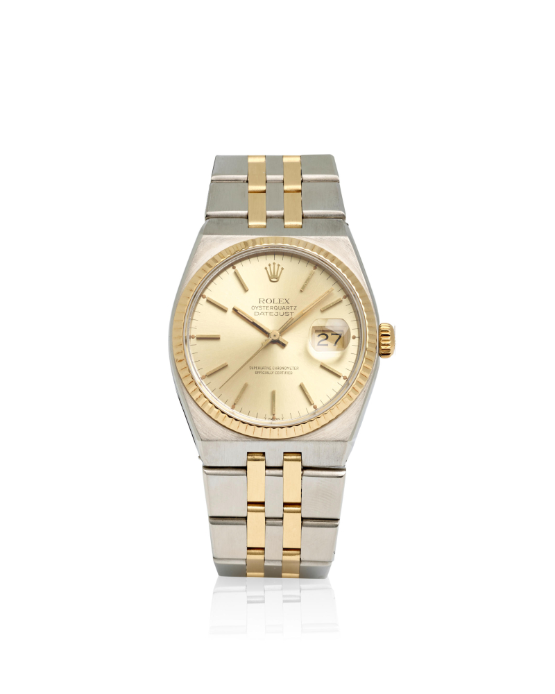 ROLEX. A STAINLESS STEEL AND YELLOW GOLD QUARTZ CALENDAR BRACELET WATCH