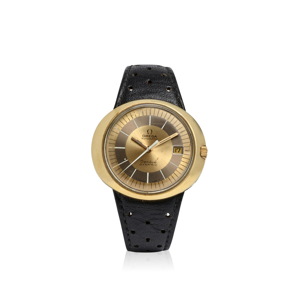[NO RESERVE] OMEGA. A GOLD-PLATED AUTOMATIC CALENDAR WRISTWATCH