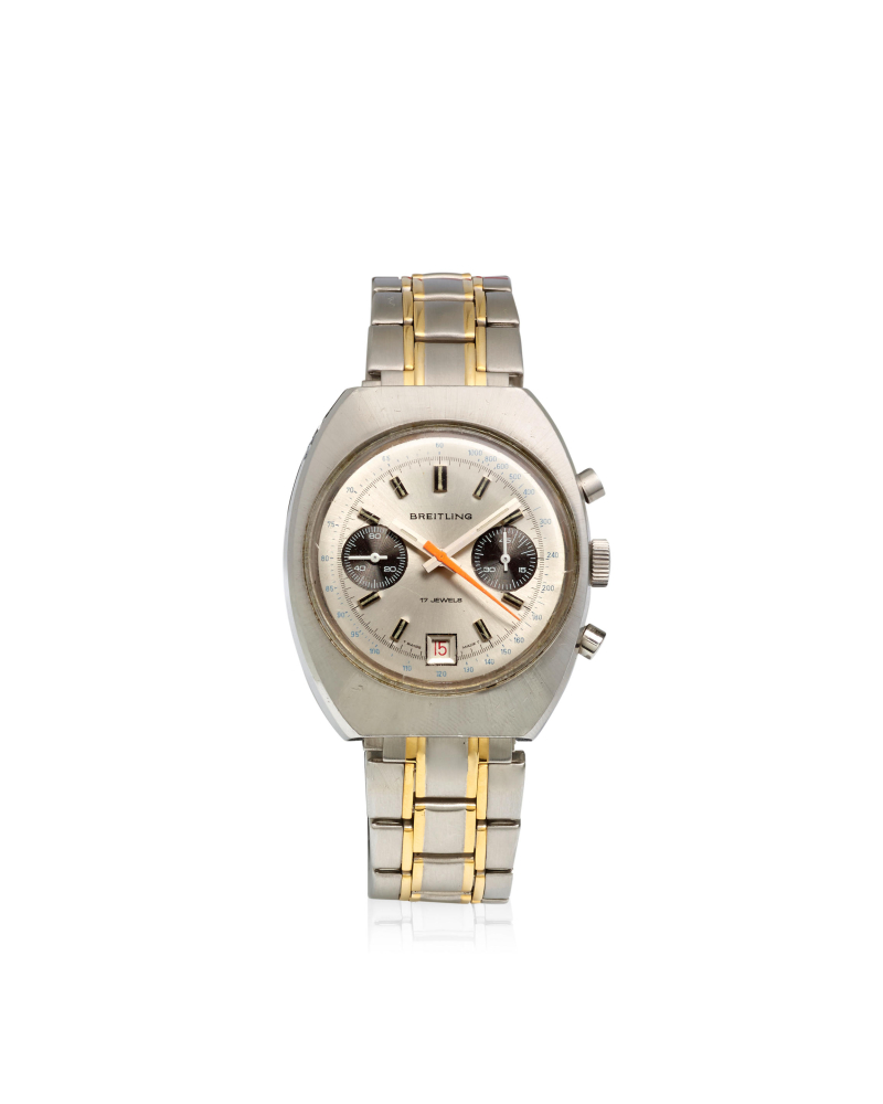 BREITLING. A STAINLESS STEEL MANUAL WIND CALENDAR CHRONOGRAPH BRACELET WATCH
