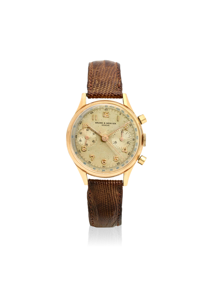 BAUME MERCIER. AN 18K GOLD MANUAL WIND CHRONOGRAPH WRISTWATCH