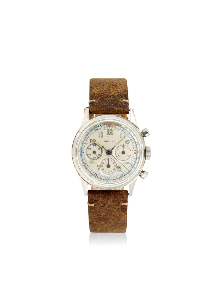 [NO RESERVE] GALLET. A STAINLESS STEEL MANUAL WIND CHRONOGRAPH WRISTWATCH
