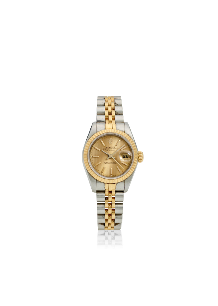 ROLEX. A STAINLESS STEEL AND GOLD AUTOMATIC CALENDAR BRACELET WATCH