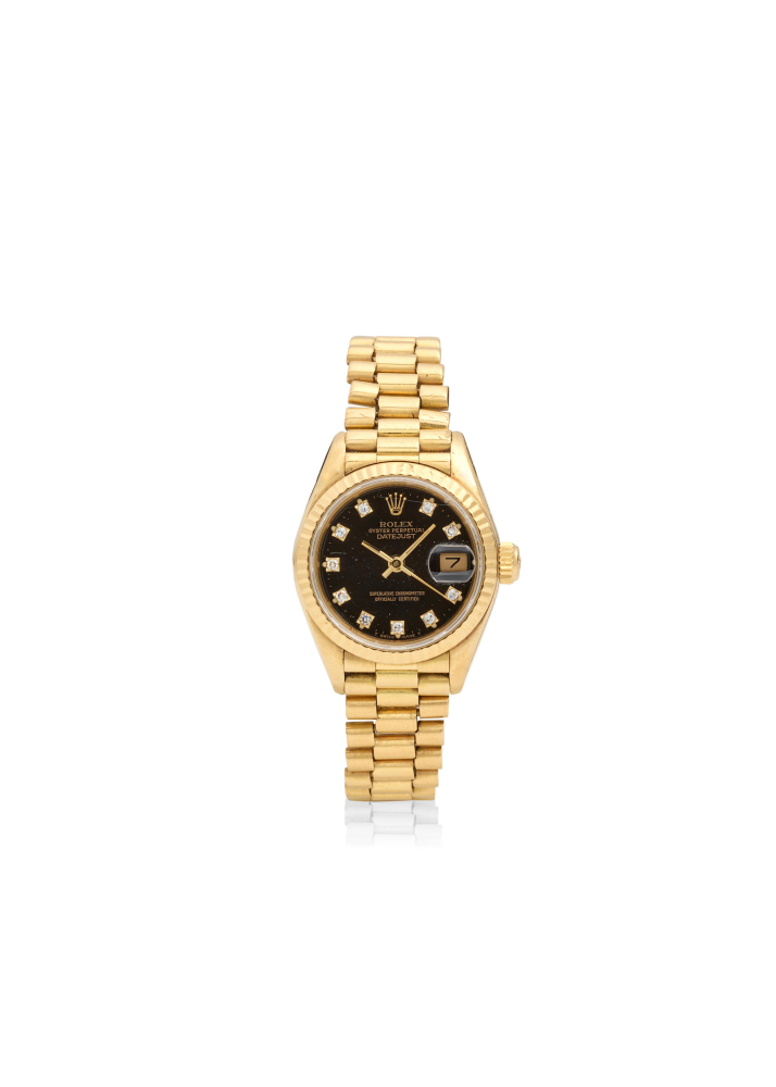 ROLEX. AN 18K GOLD DIAMOND SET AUTOMATIC CALENDAR BRACELET WATCH