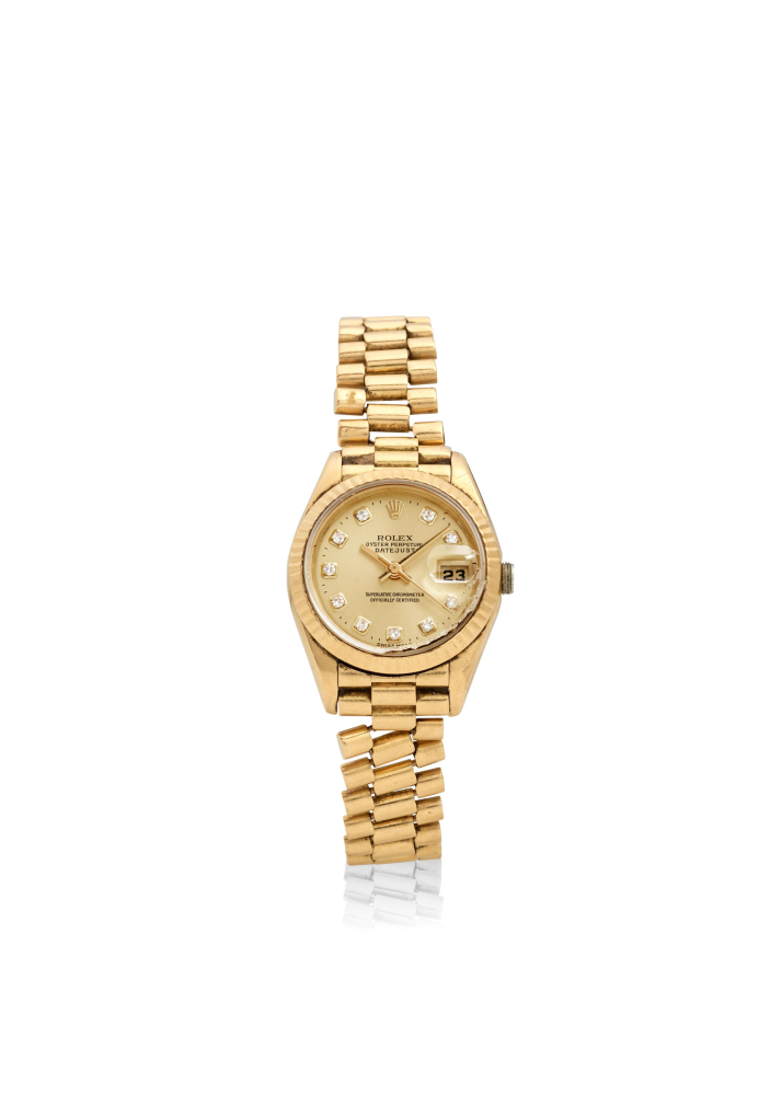 ROLEX. AN 18K GOLD AUTOMATIC CALENDAR BRACELET WATCH