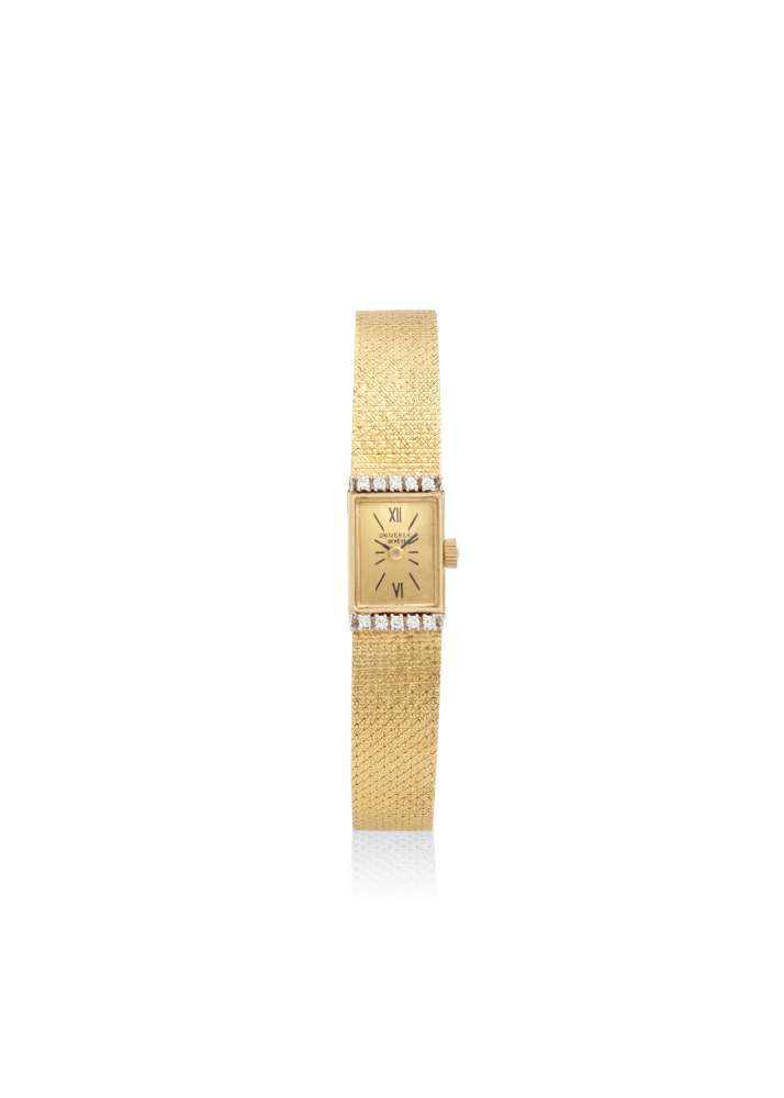 [NO RESERVE] UNIVERSAL GENÈVE. A 14K GOLD DIAMOND SET MANUAL WIND BRACELET WATCH