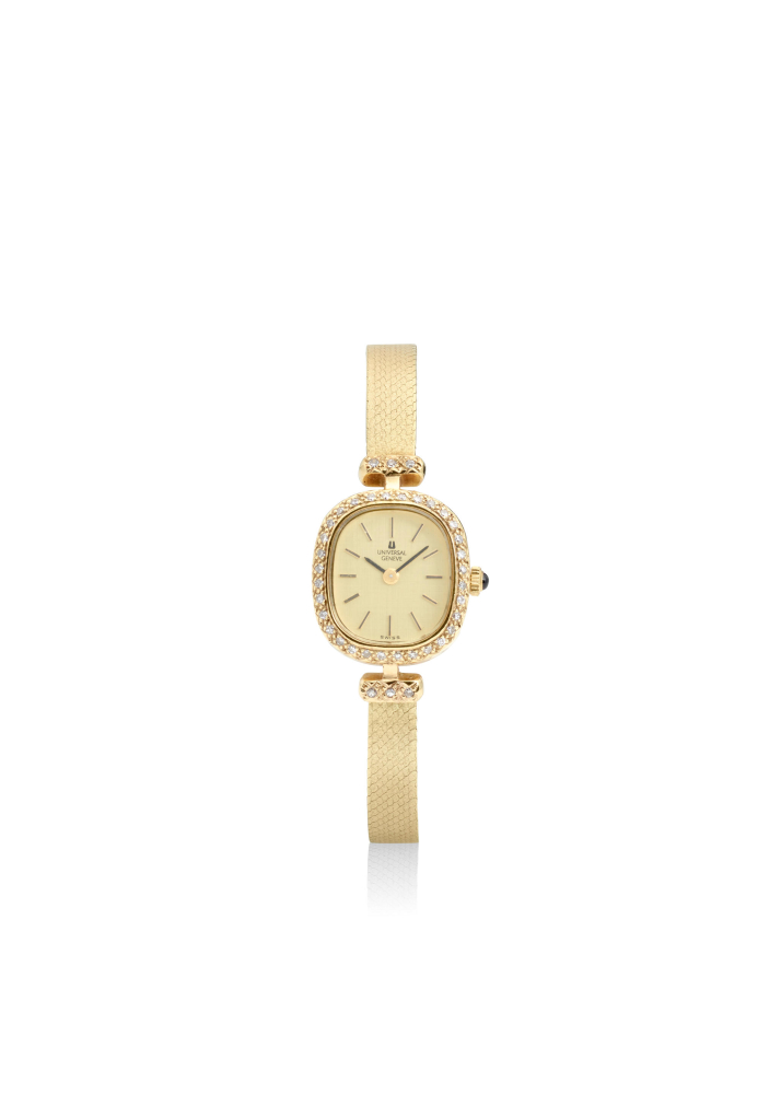 [NO RESERVE] UNIVERSAL GENÈVE. A 14K GOLD DIAMOND SET MANUAL WIND BRACELET WATCH