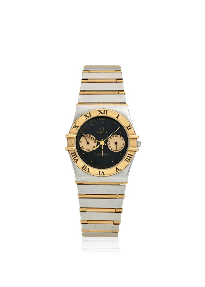 [NO RESERVE] OMEGA. A STAINLESS STEEL AND GOLD QUARTZ CALENDAR BRACELET WATCH