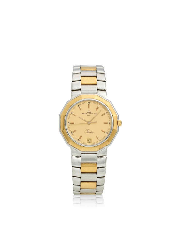 BAUME MERCIER. A STAINLESS STEEL AND GOLD QUARTZ CALENDAR BRACELET WATCH