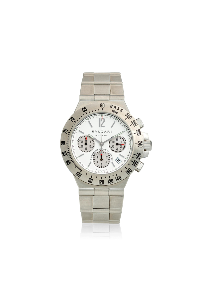 [NO RESERVE] BULGARI. A STAINLESS STEEL AUTOMATIC CALENDER CHRONOGRAPH BRACELET WATCH