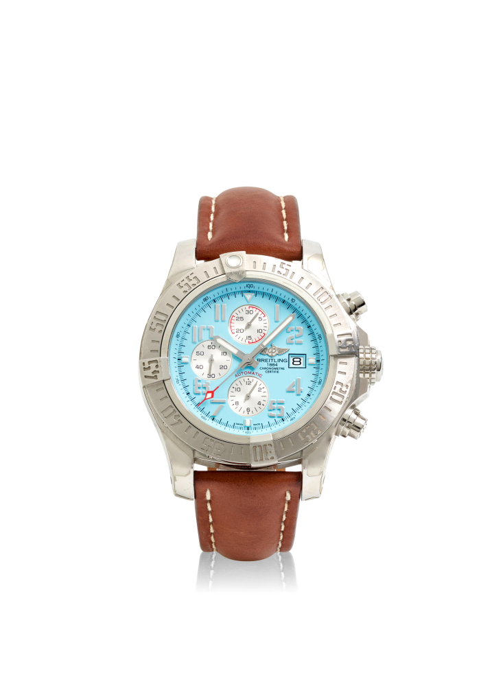 BREITLING. A STAINLESS STEEL AUTOMATIC CALENDAR CRHONOGRAPH WRISTWATCH