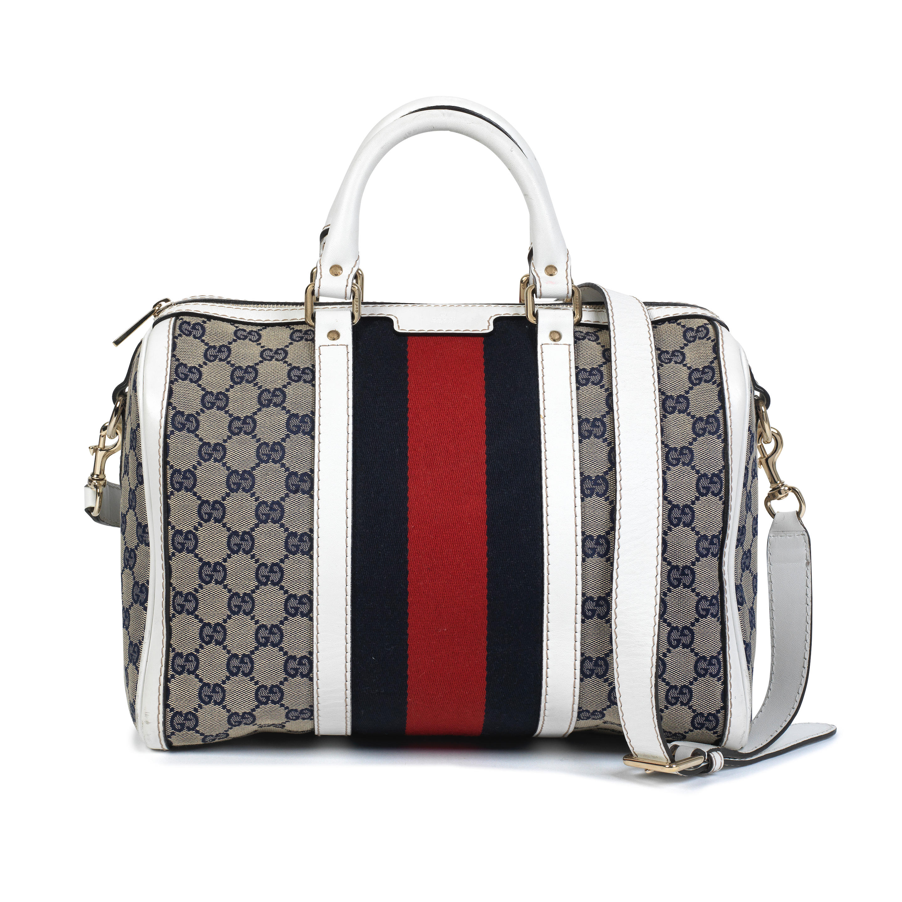 Gucci: a Supreme Monogram Canvas and White Leather Boston Bag
