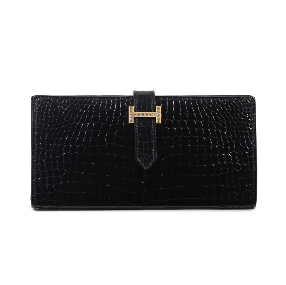 Hermès: a Black Porosus Crocodile Bearn Wallet with Diamond Hardware