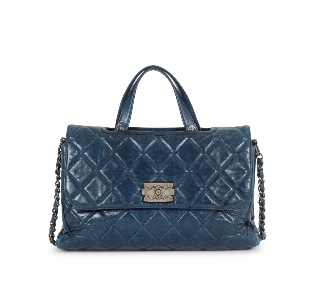 Chanel: a Blue Quilted Glazed Calfskin Convertible Boy Satchel Bag