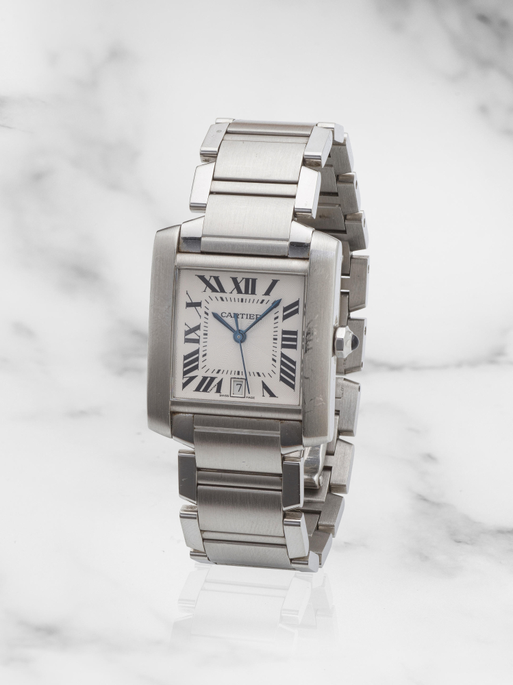 Cartier. A stainless steel automatic calendar bracelet watch