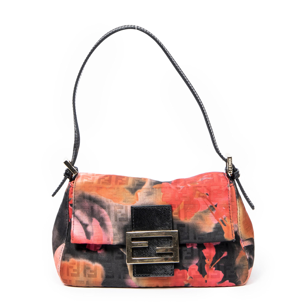 FENDI. Sac "Mini Baguette florale" en toile FF noire imprimée à motif de fleurs.