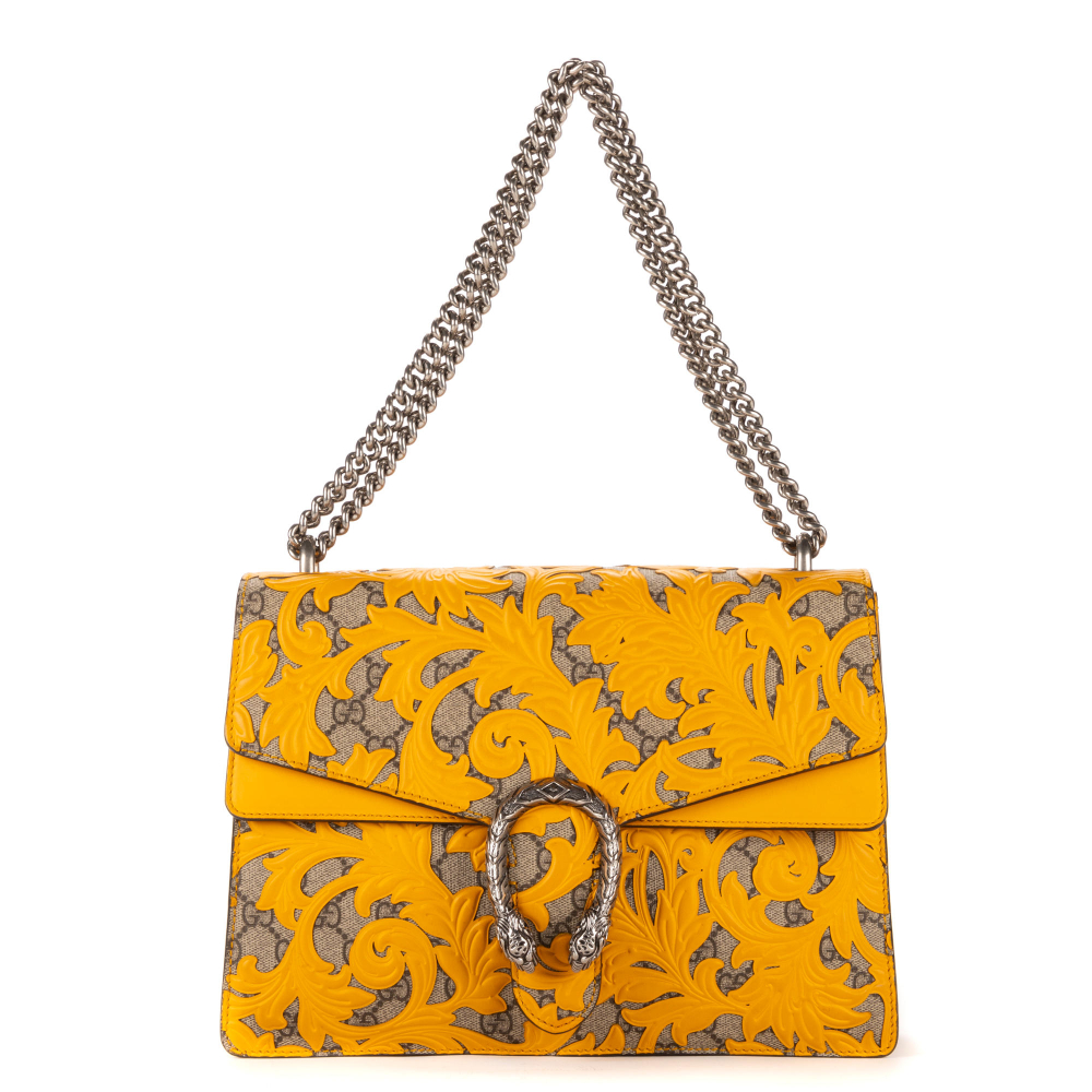 GUCCI, Edition Limitée. Sac "Dionysus Arabesque" en toile GG beige imprimée jaune.