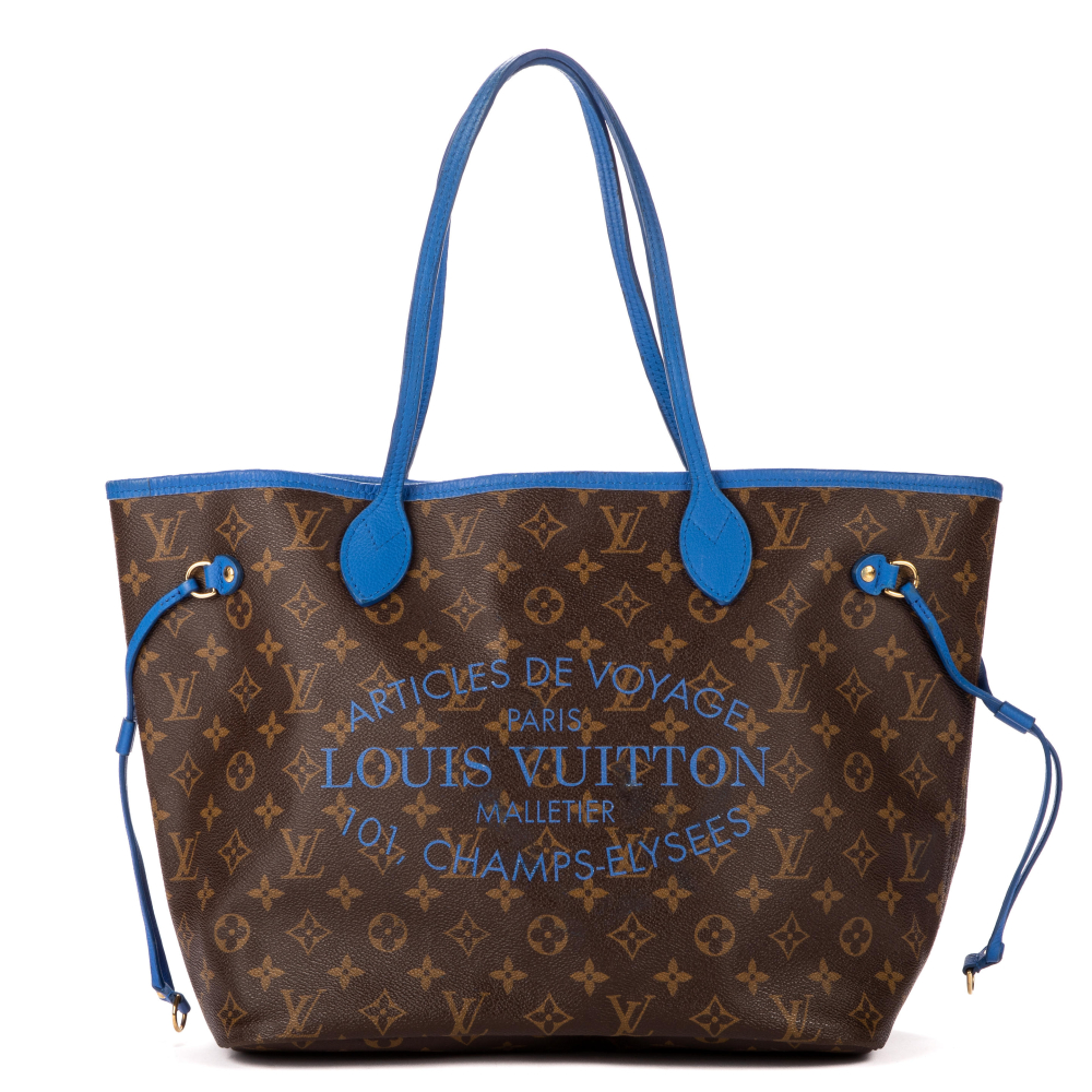 Louis VUITTON, Edition Limitée, année 2013. Sac "Neverfull Articles de Voyage" en toile Monogram et cuir bleu Electric.