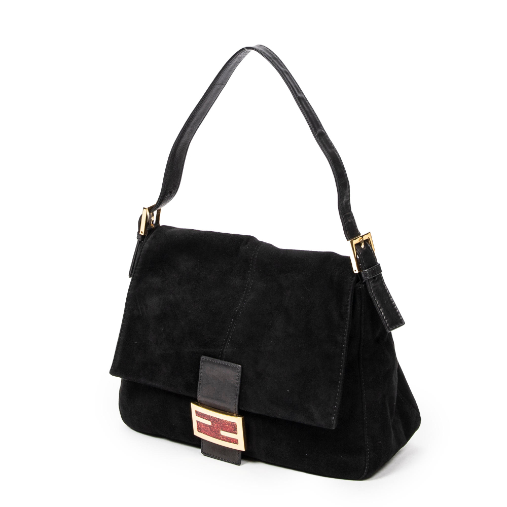 FENDI. Sac "Mama Baguette" en daim noir.