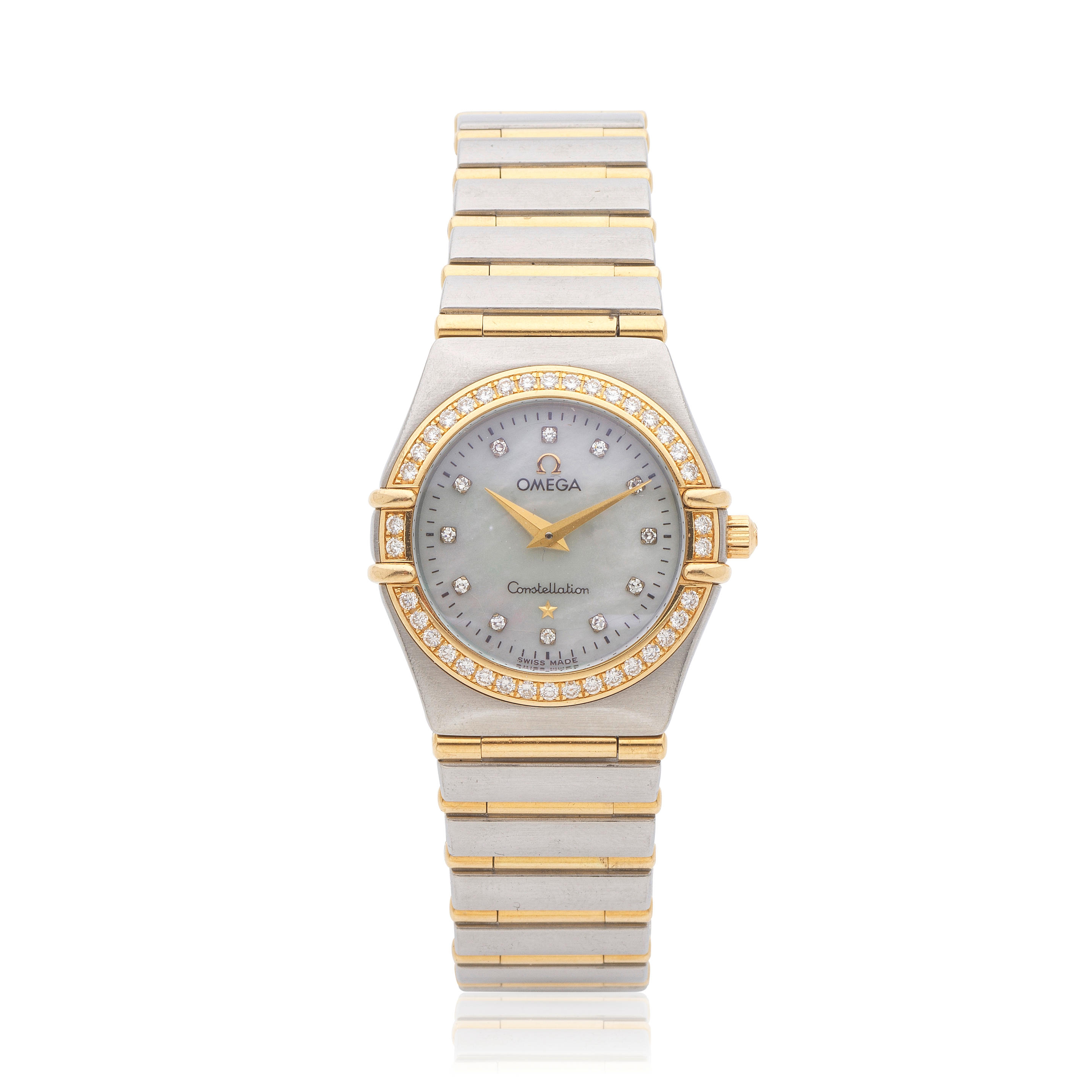 Omega. A lady's stainless steel and 18K gold quartz bracelet watch with mother of pearl dial and diamond set bezel