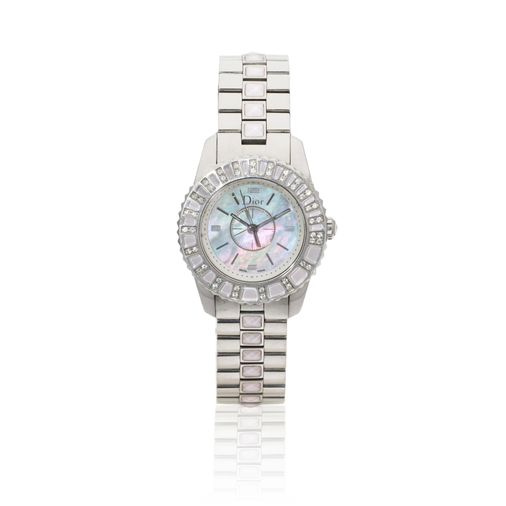 Dior. A lady's stainless steel crystal and diamond set quartz bracelet watch with mother of pearl dial