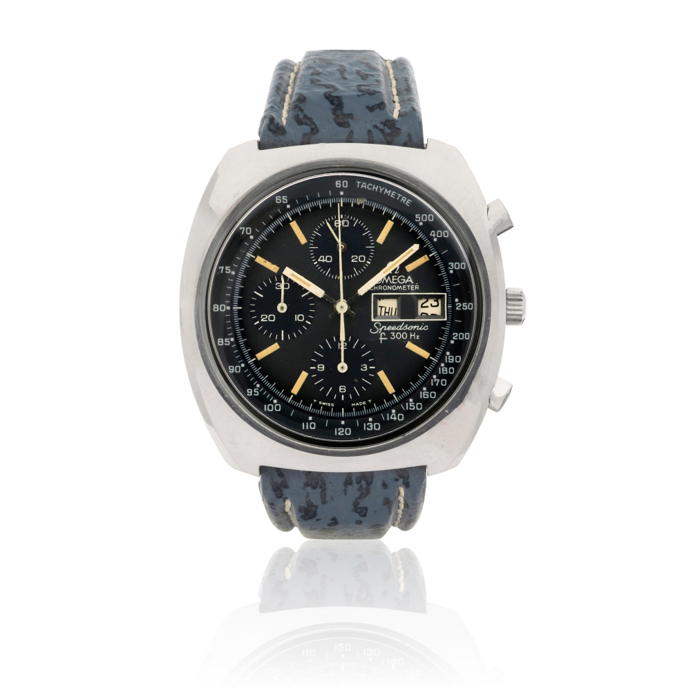 Omega. A stainless steel electronic calendar chronograph bracelet watch