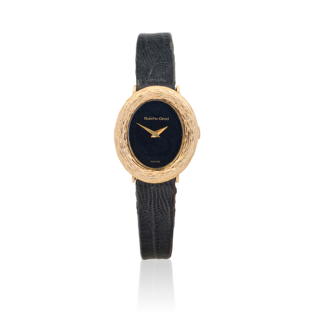 Bueche-Girod. A lady's 9K gold manual wind wristwatch with onyx dial