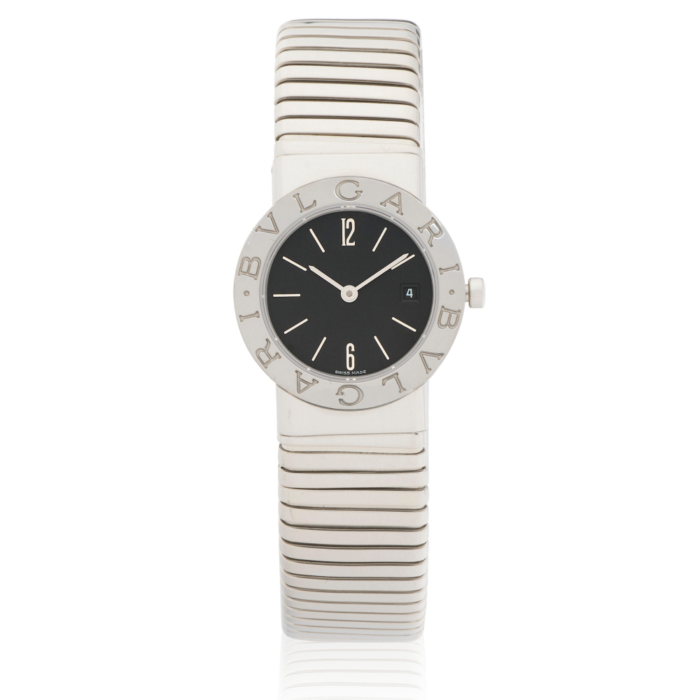 Bulgari. A lady's stainless steel quartz calendar bangle watch